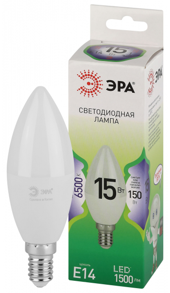 Лампочка светодиодная ЭРА GREEN LINE LED B35-15W-865-E14 GL E14 15 Вт свеча холодный свет (кратно 1)
