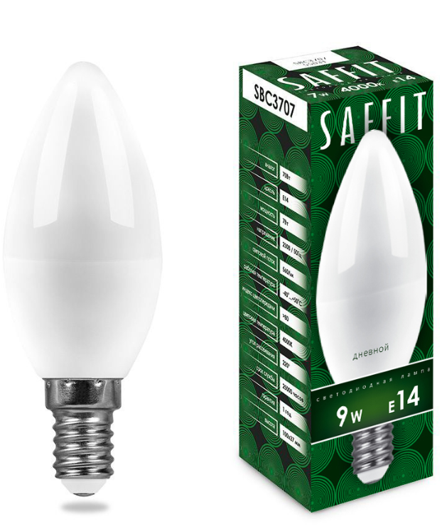 Светодиодная лампа свеча  С37 9Вт 230В 6400K E14 SAFFIT