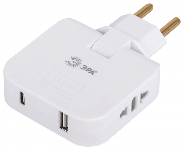 Разветвитель электрический ЭРА SPF-2-FL-USBC поворотный на 2 розетки + 2USB A+C 10А белый (кратно 1)