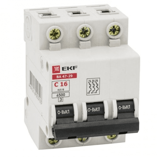 Автоматический выключатель 3П  16А характеристика С  4,5кА  EKF  ВА47-29  Basic
