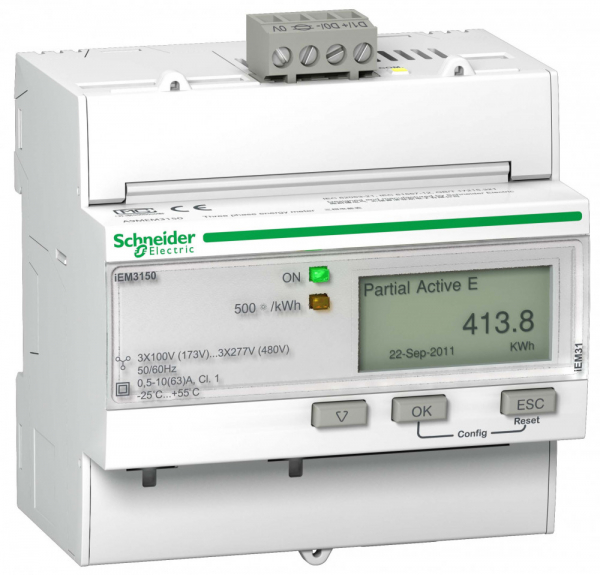 Счетчик трехфазный однотарифный Schneider Electric A9MEM3150R Счетчик трехфазный однотарифный 3-ф актив.-реакт. iEM3150, 1 тариф, RS-485, класс точности 1, прям. вкл.