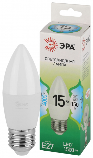 Лампочка светодиодная ЭРА GREEN LINE LED B35-15W-840-E27 GL E27 15 Вт свеча яркий белый свет (кратно 1)