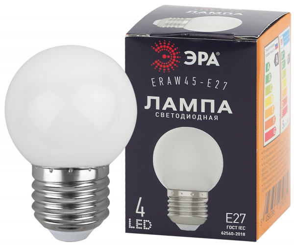 Декоративная  светодиодная  лампа шар белый ЭРА LED Р45-1W-E27 ERABL45-E27