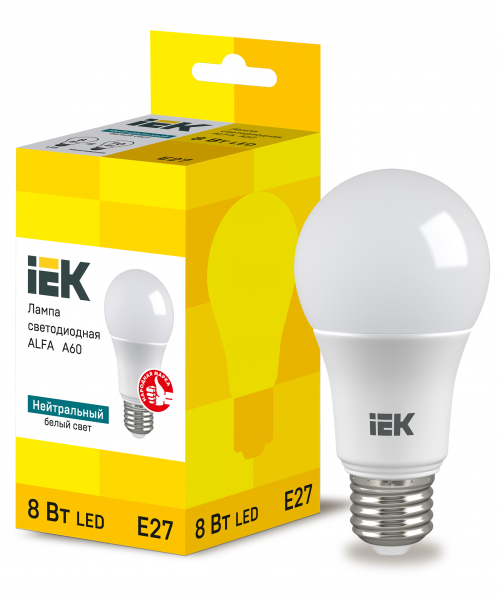 Лампа LED ALFA A60 груша 8Вт 230В 4000К E27 (6шт) IEK (кратно 6)