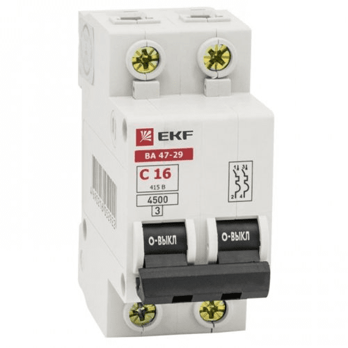Автоматический выключатель 2П  16А характеристика С  4,5кА  EKF  ВА47-29  Basic