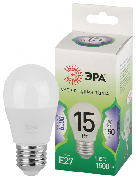 Лампочка светодиодная ЭРА GREEN LINE LED P45-15W-865-E27 GL E27 15 Вт шар холодный свет (кратно 1)