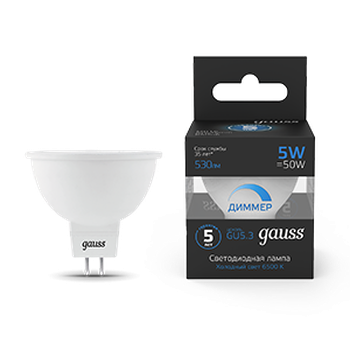 Светодиодная лампа  Gauss MR16 5W 530lm 6500K GU5.3 диммируемая LED 1/10/100