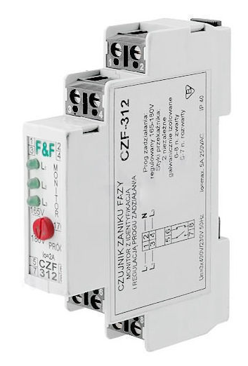 Реле контроля и наличия фаз  CZF-312   3х400/230+N  2х8А, IP20 (контроль нал. фаз), регул. порога, без задержки откл., DIN-рейка