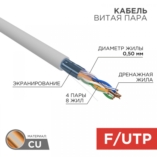 F/UTP кат.5е 4х2х24AWG(0,50мм) 305м (медь) PVC серый, РФ REXANT