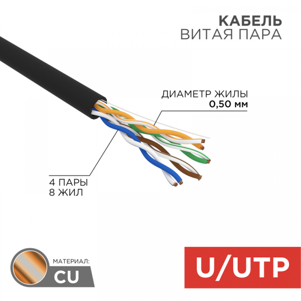 U/UTP кат.5е 4х2х24AWG(0,50мм) 305м (медь) PE OUTDOOR solid черный РФ REXANT