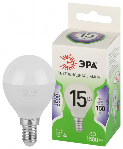 Лампочка светодиодная ЭРА GREEN LINE LED P45-15W-865-E14 GL E14 15 Вт шар холодный свет (кратно 1)