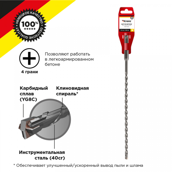 Бур по бетону 6х260 мм крестовая пластина SDS PLUS Kranz KR-91-0804