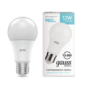 Светодиодная лампа Gauss Basic A60 AC12-36V 12W 960lm 4100K E27