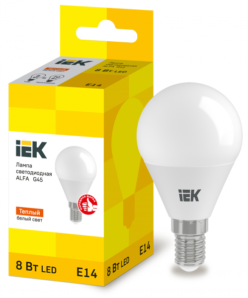 Лампа LED ALFA G45 шар 8Вт 230В 3000К E14 (6шт) IEK (кратно 6)