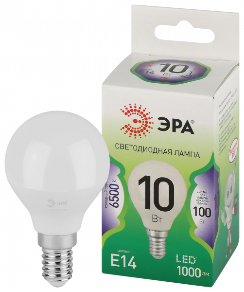 Лампочка светодиодная ЭРА GREEN LINE LED P45-10W-865-E14 GL E14 10 Вт шар холодный свет (кратно 1)