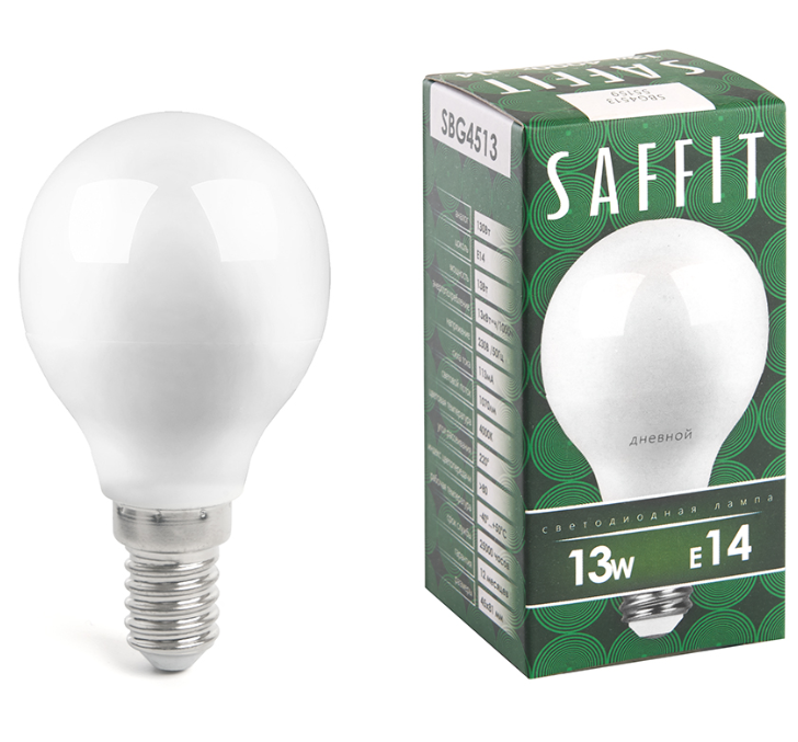 Светодиодная лампа &quot;шарик&quot;  G45 13Вт 230В 6400K E14 SAFFIT