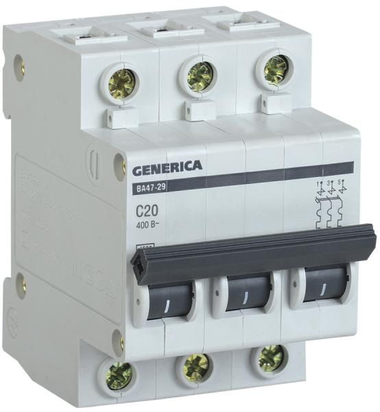 Автоматический выключатель 3П  20А характеристика С  4,5кА  ВА47-29 GENERIСA  вывод из продажи заменен на код 6026975