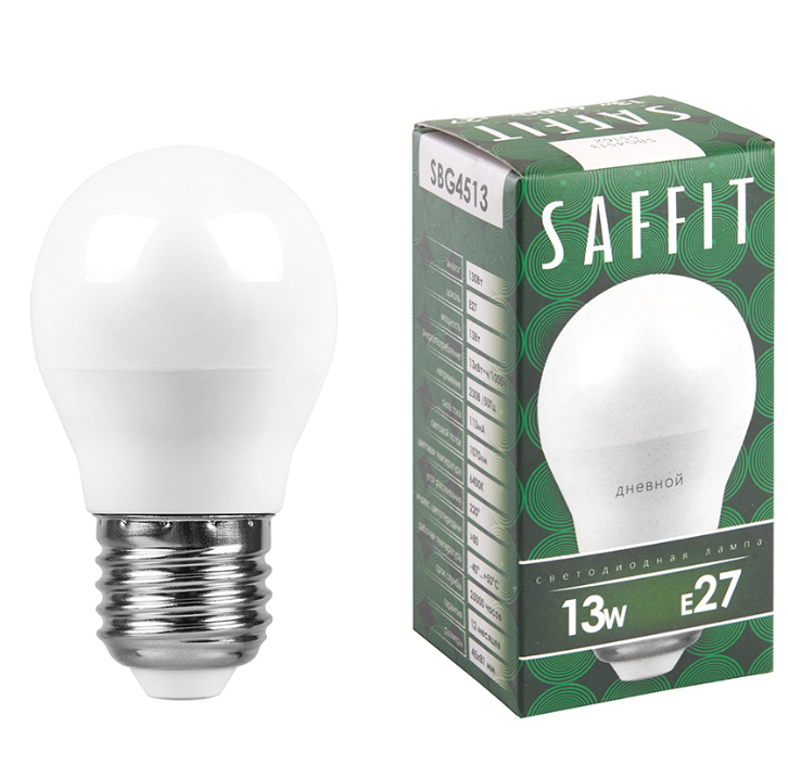 Светодиодная лампа &quot;шарик&quot;  G45 13Вт 230В 6400K E27 SAFFIT