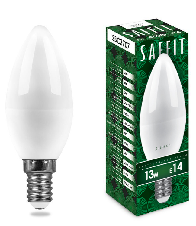 Светодиодная лампа свеча  С37 13Вт 230В 6400K E14 SAFFIT