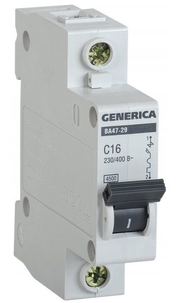 Автоматический выключатель 1П  16А характеристика С  4,5кА GENERIСА  ВА47-29  вывод из продажи заменен на код 8438563
