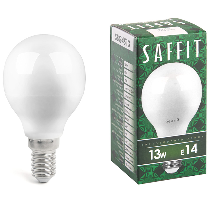 Светодиодная лампа &quot;шарик&quot;  G45 13Вт 230В 4000K E14 SAFFIT