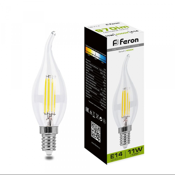 Светодиодная лампа свеча Feron С35T 11Вт 230В 4000K E14 филаментная