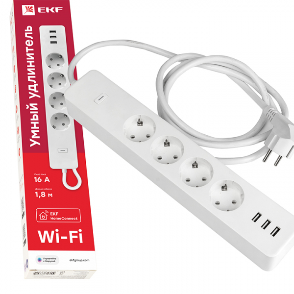 Умный удлинитель c USB  Wi-Fi EKFHomeConnect