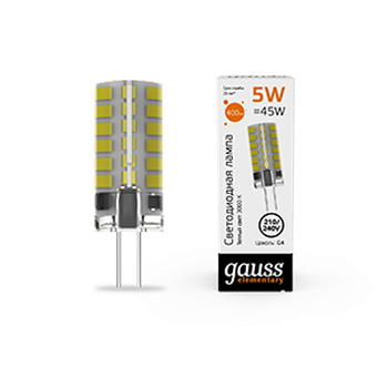 Лампа Gauss Elementary G4 AC210-240V 5W 400lm 3000K силикон LED