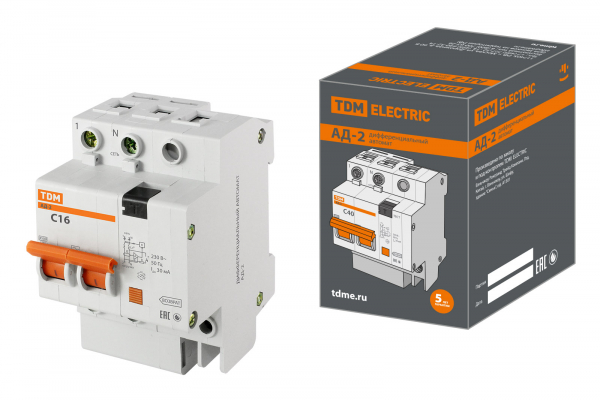 Автоматический выключатель дифференциального тока  2П  16А  30мА  TDM  АД-2