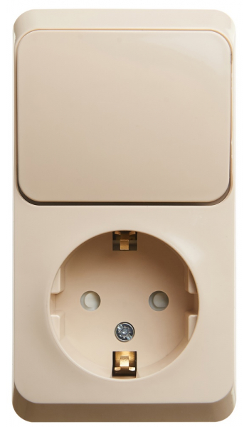 Systeme Electric ЭТЮД Крем Блок: Розетка с заземляющими контактами со шторками + выключатель 1-клавишный, открытая установка BPA16-201K
