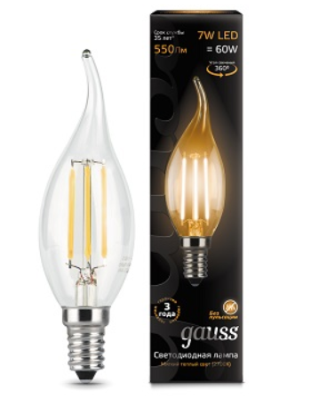 Светодиодная лампа Gauss Candle С35  7Вт 150-265В 2700К E14 филамент.