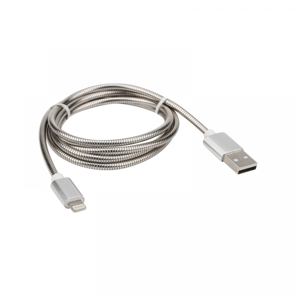 USB кабель для iPhone 5/6/7 моделей, шнур в металлической оплетке, цвет серебристый REXANT 18-4247