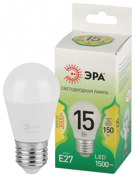 Лампочка светодиодная ЭРА GREEN LINE LED P45-15W-830-E27 GL E27 15 Вт шар теплый свет (кратно 1)
