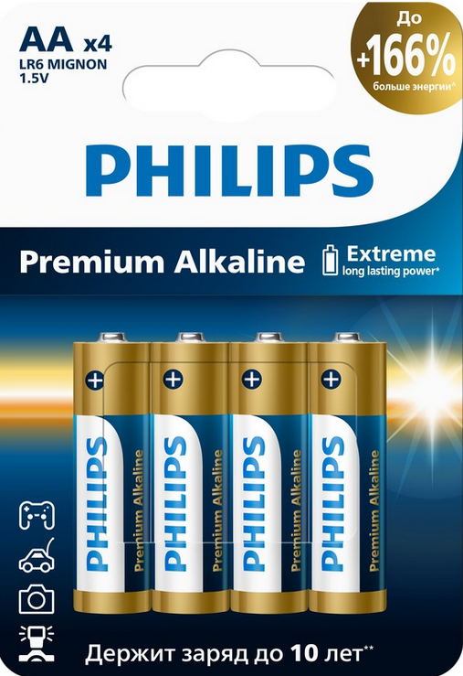 Батарейки Philips LR6M4W/51 АА алкалиновые 1,5v 4 шт. LR6-4BL Premium (4/48/144/17280) (кратно 4)