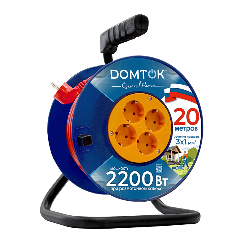 Удлинитель DOMTOK сил. на катушке с 4 гн. 2200 Вт з/к 20м