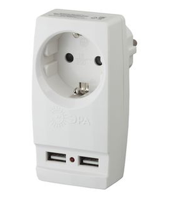 ЭРА Белый Адаптер "Polynom" 1 гнездо 220V + 2xUSB 2100мА, с заземляющими контактами  SP-1e-USB-W Б0026332