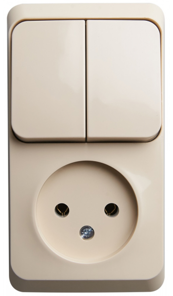 Systeme Electric ЭТЮД Крем Блок: Розетка без заземляющих контактов+ выключатель 2-клавишный открытая установка BPA16-205K