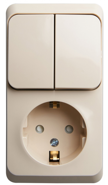 Systeme Electric ЭТЮД Крем Блок: Розетка с заземляющими контактами со шторками + выключатель 2-клавишный открытая установка BPA16-202K