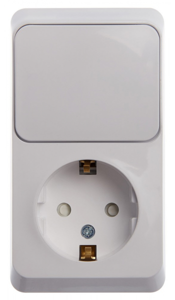 Systeme Electric ЭТЮД Белый Блок: Розетка с заземляющими контактами со шторками + выключатель 1-клавишный открытая установка BPA16-201B