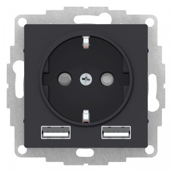 Розетка 16А c 2 USB A+A 5В/24А 2х5В/12 А ATLAS DESIGN механизм КАРБОН ATN001030