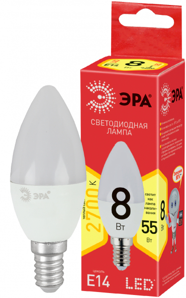Светодиодная лампа свеча ЭРА В35 8Вт 170-265В 2700К E14