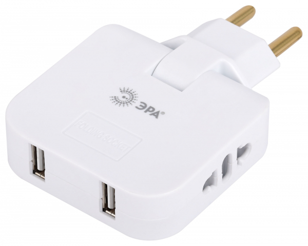 Разветвитель электрический ЭРА SPF-2-FL-USB поворотный на 2 розетки + 2USB 10А белый (кратно 1)