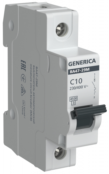 Автоматический выключатель 1П  10А характеристика С  4,5кА ВА47-29М GENERICA