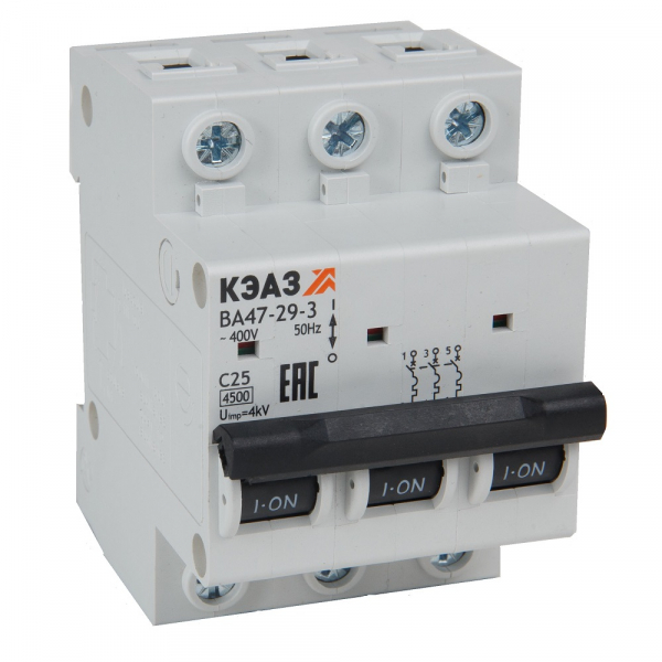 Автоматический выключатель 3П  10А характеристика С   4,5кА  КЭАЗ ВА47-29-3С10-УХЛ3