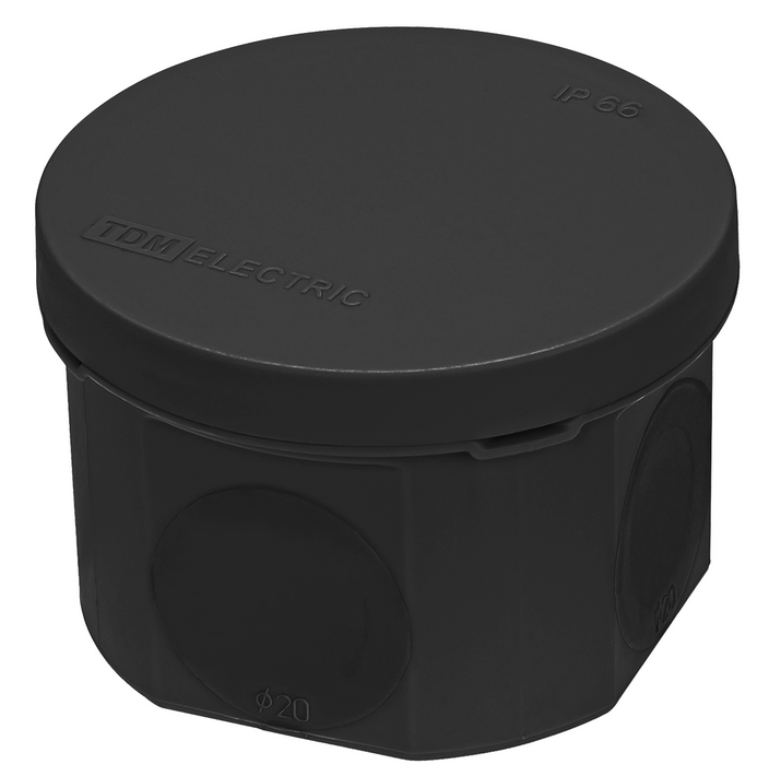 Распаячная коробка, двухкомпонентная, ОП D70х50 мм, IP66, 4 вх., черная, инд. штрихкод TDM