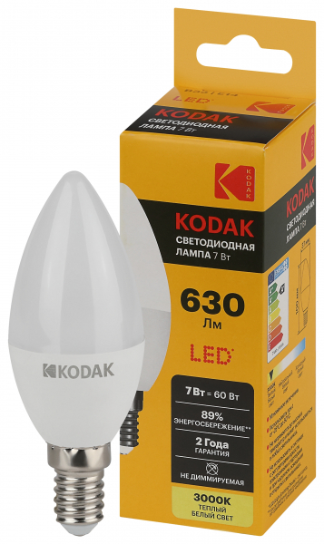 Светодиодная лампа свеча Kodak B35 7Вт 830 E14 свеча теплый белый свет