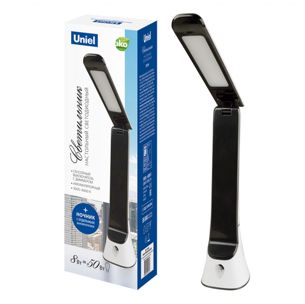 TLD-564 White-Black/LED/500Lm/3000-6000K/Dimmer/NightLight Светильник настольный с ночником, 8W. Сенсорный выключатель. Диммер. Белый с черным. ТМ Uniel