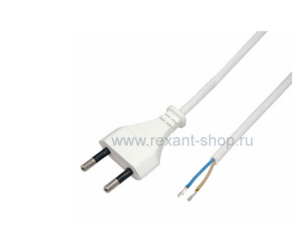 Шнур сетевой без выключателя 1,8 метра, с плоской вилкой  без заземляющих контактов, кабель 2x0.5 мм2,  2.5 А белый  REXANT 11-1112 11-1112