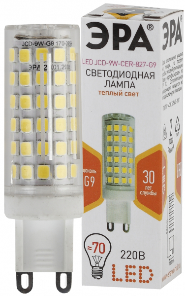 Светодиодная лампа ЭРА G9 9Вт 220В 2700К