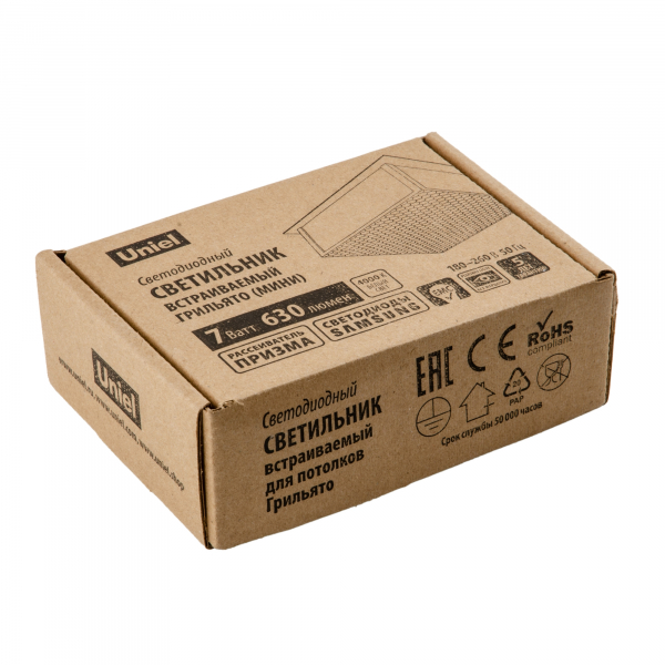 ULP-1010 7W/4000К IP40 GRILYATO WHITE Светильник светодиодный потолочный встраиваемый. Белый свет (4000K). 630Лм. 100x100x37мм. Корпус белый. В комплекте с и/п. ТМ Uniel